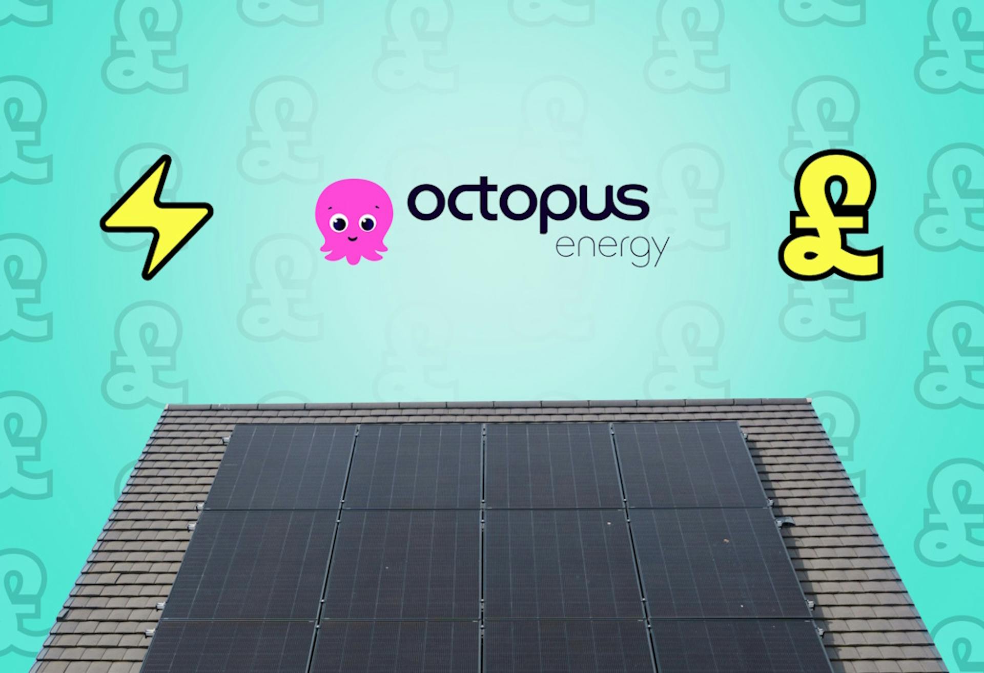 the Octopus logo and graphic representations of a lightning bolt and pound sign above a house with black solar panels, against an aquamarine background