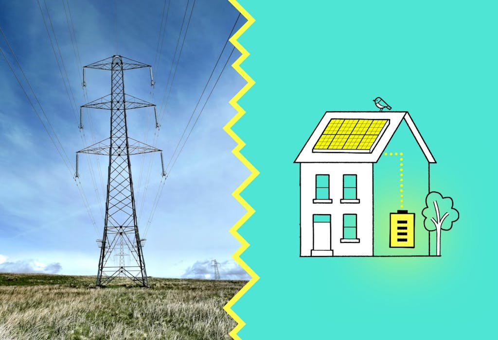 an electricity pylon next to a graphic representation of a house with a solar & battery system