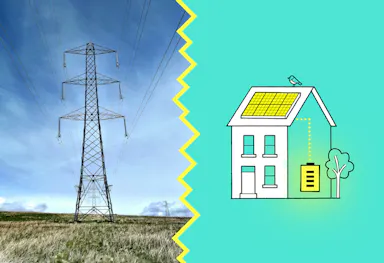an electricity pylon next to a graphic representation of a house with a solar & battery system