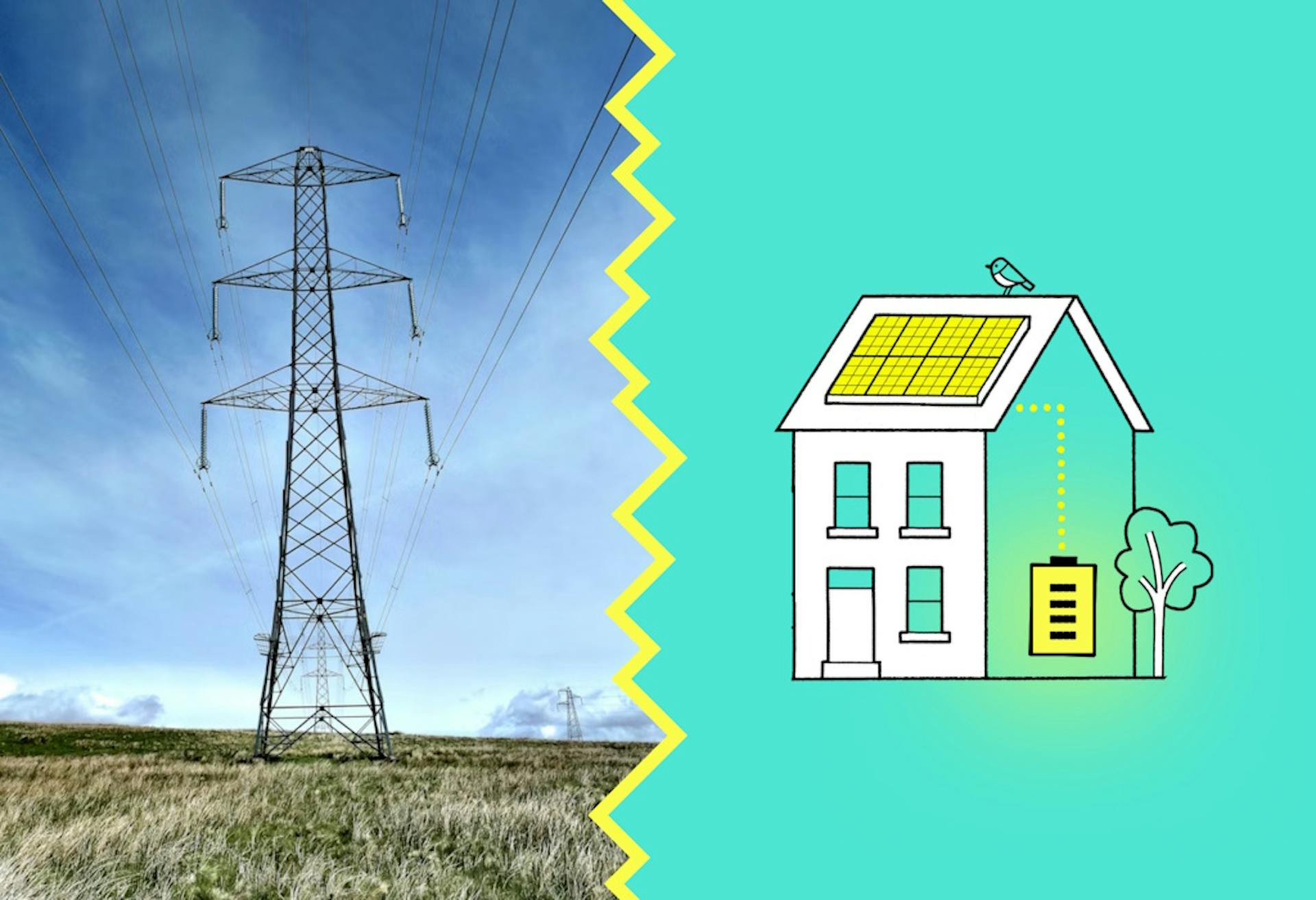an electricity pylon next to a graphic representation of a house with a solar & battery system