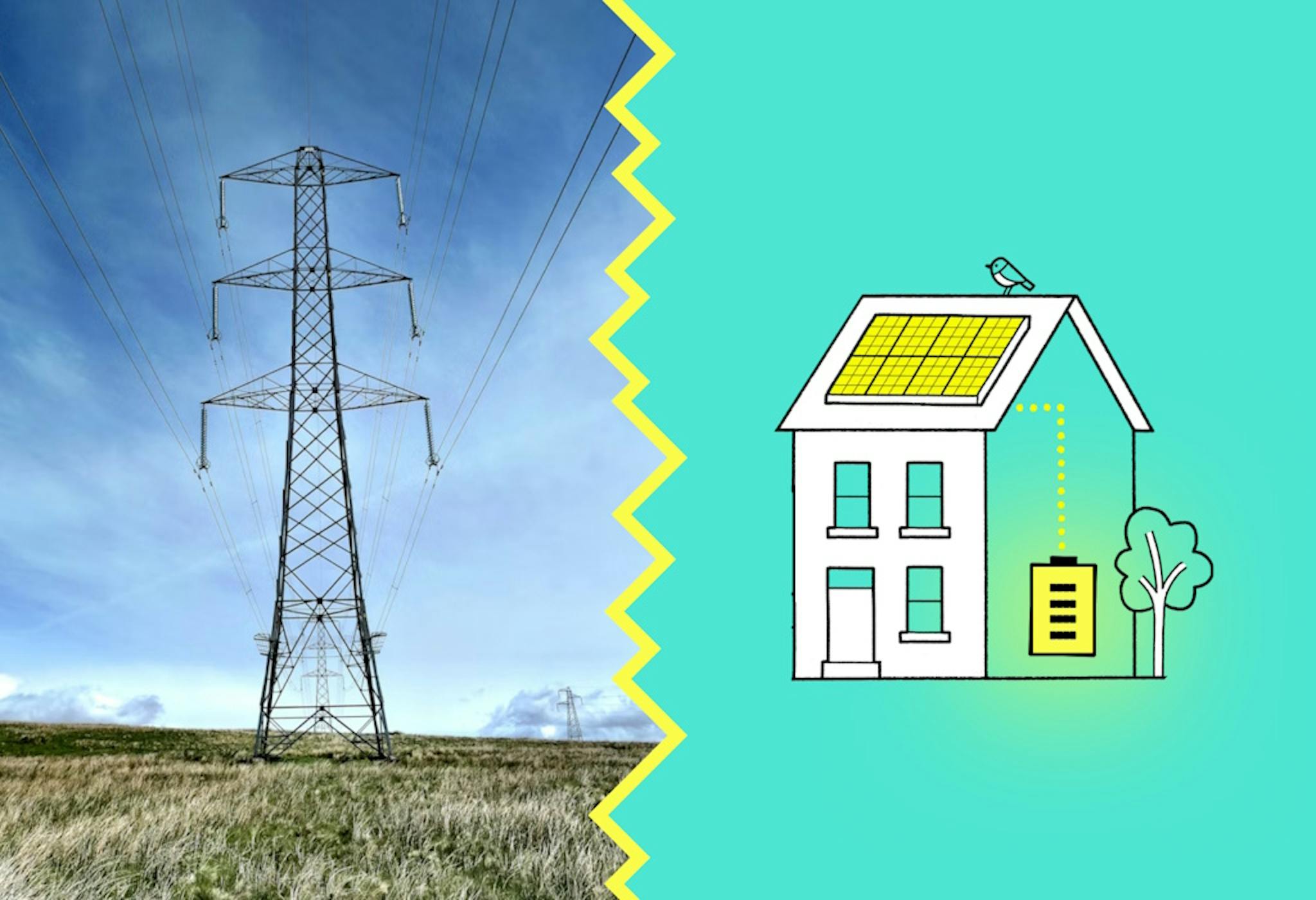 an electricity pylon next to a graphic representation of a house with a solar & battery system