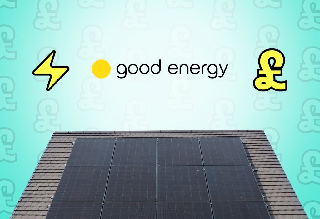 the Good Energy logo and graphic representations of a lightning bolt and pound sign above a house with black solar panels, against an aquamarine background