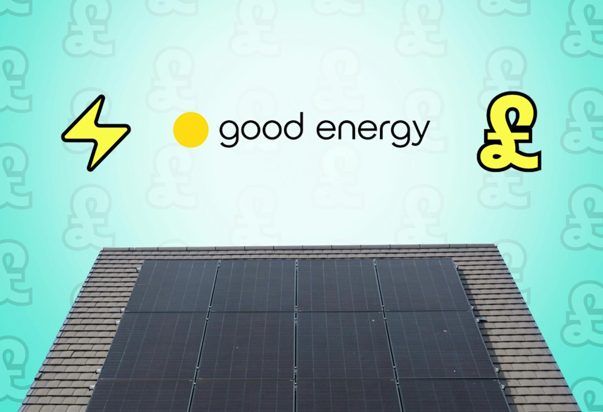 the Good Energy logo and graphic representations of a lightning bolt and pound sign above a house with black solar panels, against an aquamarine background