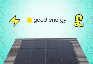 the Good Energy logo and graphic representations of a lightning bolt and pound sign above a house with black solar panels, against an aquamarine background