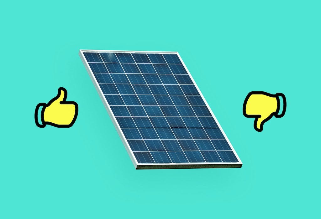 A polycrystalline solar panel with a thumbs up and a thumbs down either side of it