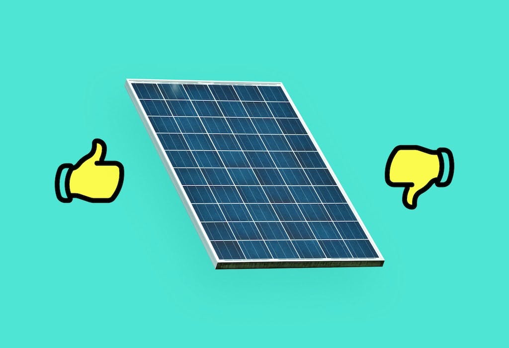 A polycrystalline solar panel with a thumbs up and a thumbs down either side of it