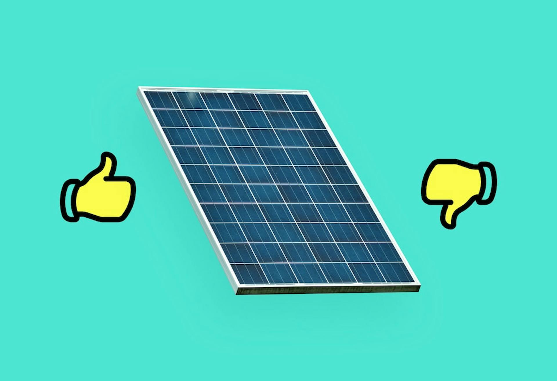 A polycrystalline solar panel with a thumbs up and a thumbs down either side of it