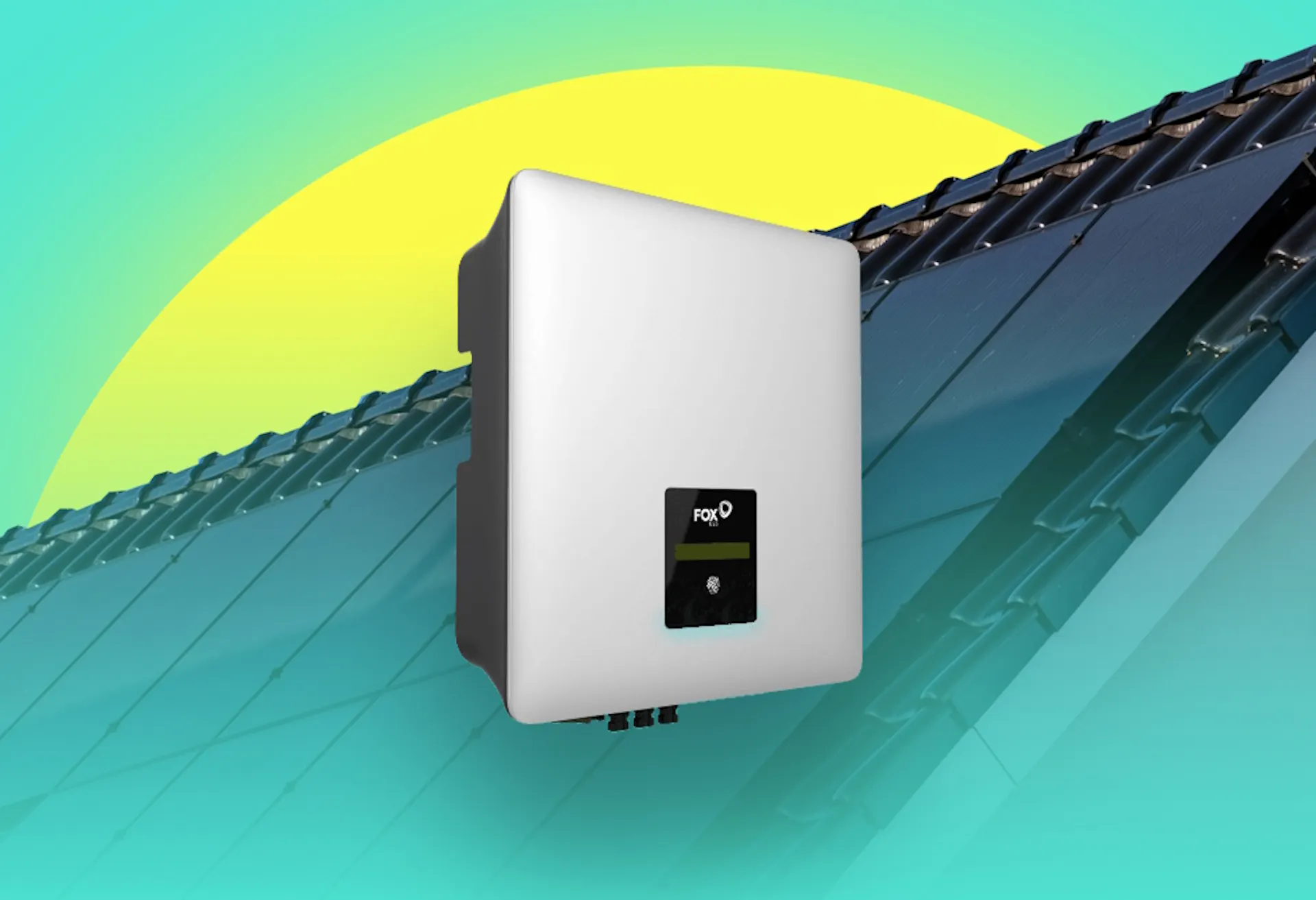 a solar inverter, against a black roof, a yellow representation of a sun, and an aquamarine background