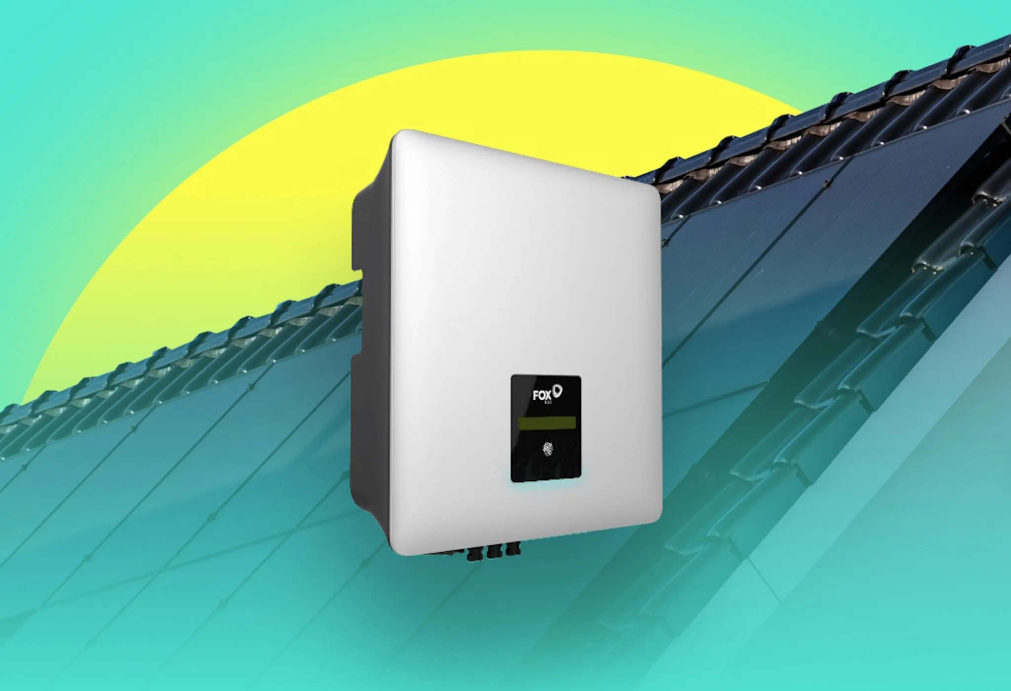 a solar inverter, against a black roof, a yellow representation of a sun, and an aquamarine background