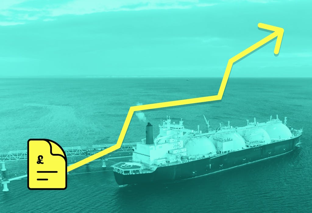 a graphic representation of an energy bill with an arrow going upwards, by an oil tanker on the ocean, all against an aquamarine background