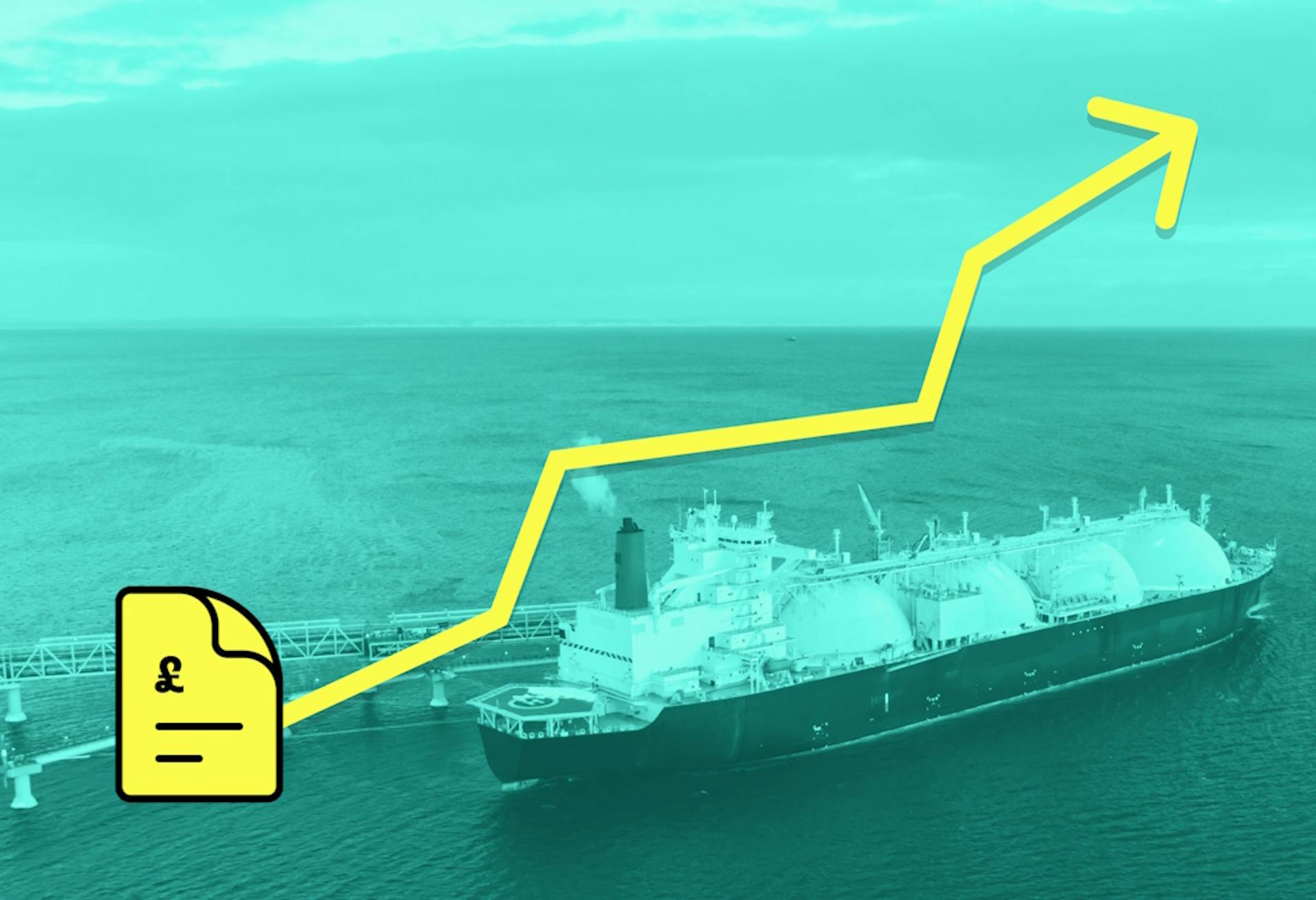 a graphic representation of an energy bill with an arrow going upwards, by an oil tanker on the ocean, all against an aquamarine background