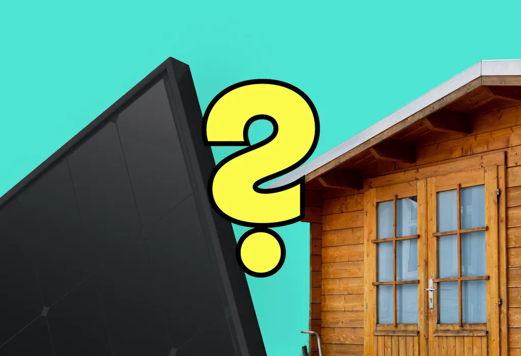 A shed next to a black solar panel, either side of a yellow question mark, all against an aquamarine background