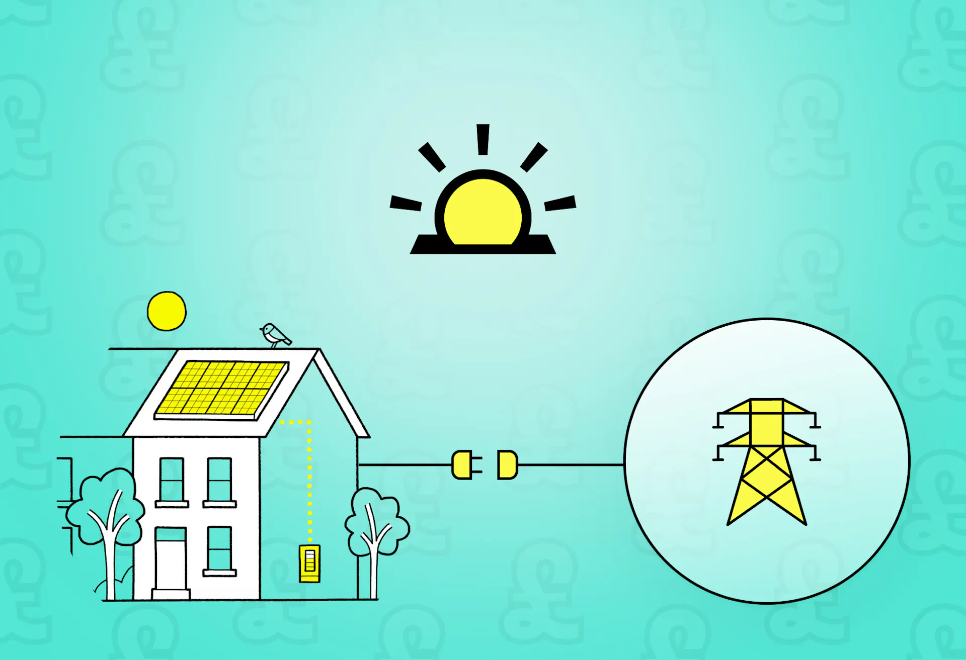 Cartoon house with solar panels on roof, connected to a yellow pylon via an electric cable, Sunsave logo above, teal background