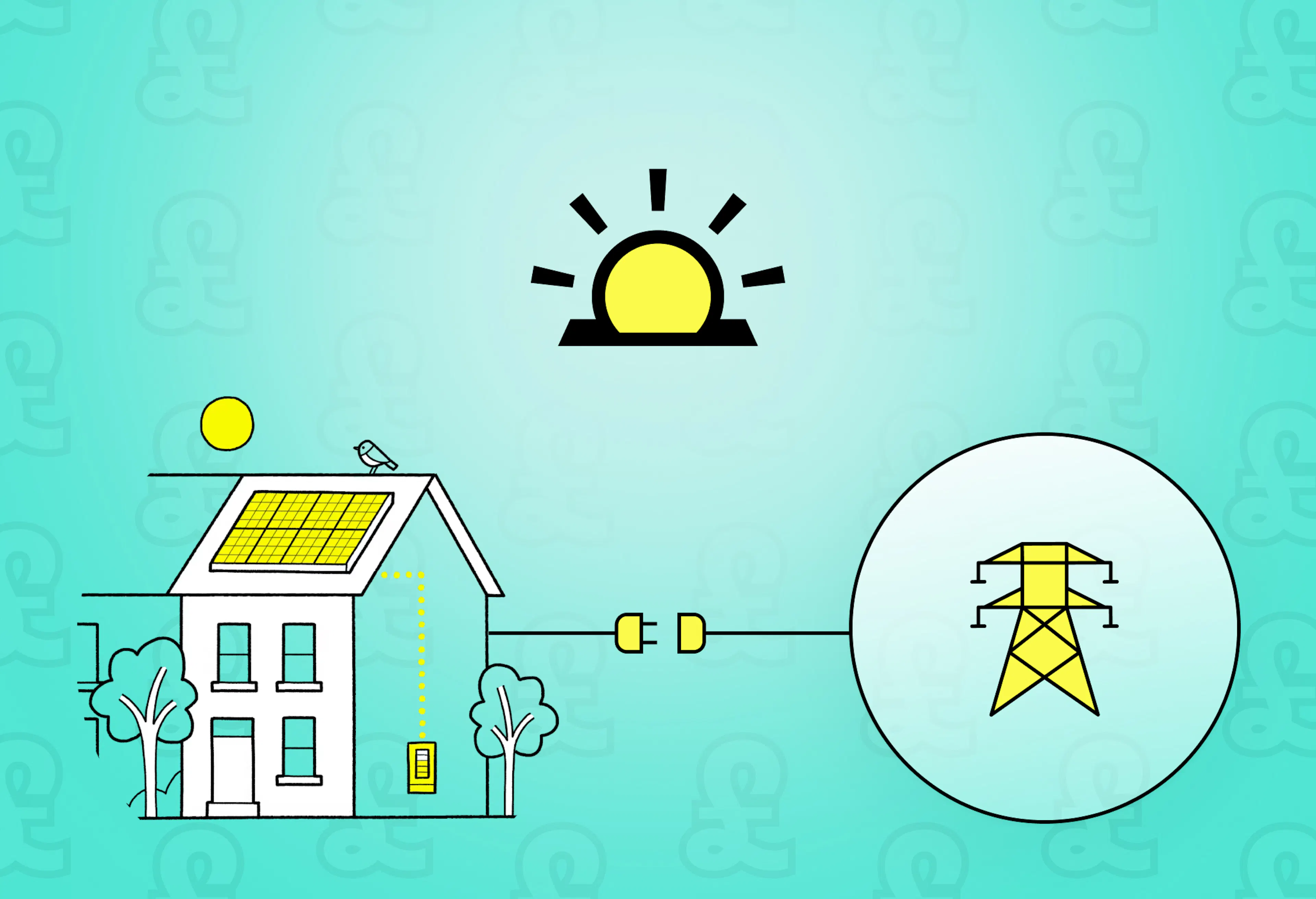 Cartoon house with solar panels on roof, connected to a yellow pylon via an electric cable, Sunsave logo above, teal background