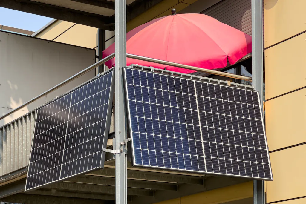 black solar panels on a balcony, with a red umbrella
