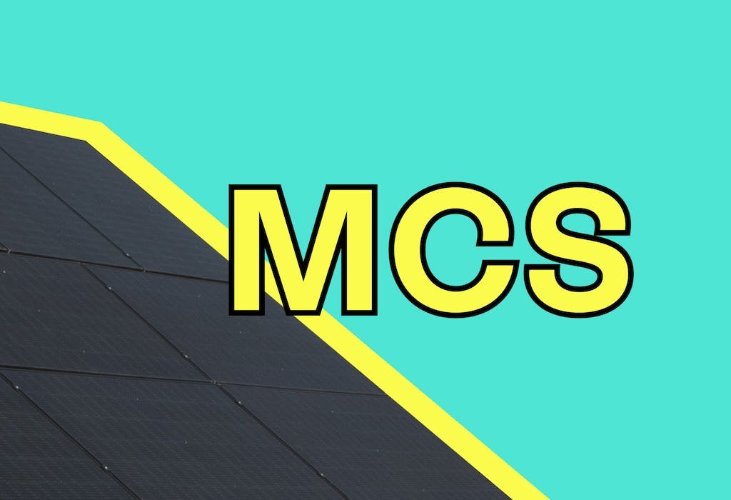 Black solar panel with yellow highlight, the letters 'MCS' in the middle in yellow