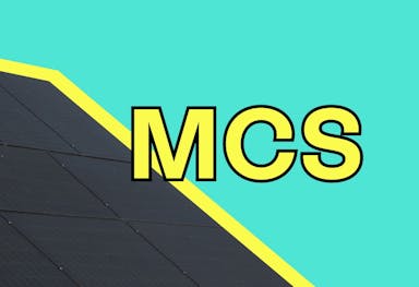 Black solar panel with yellow highlight, the letters 'MCS' in the middle in yellow