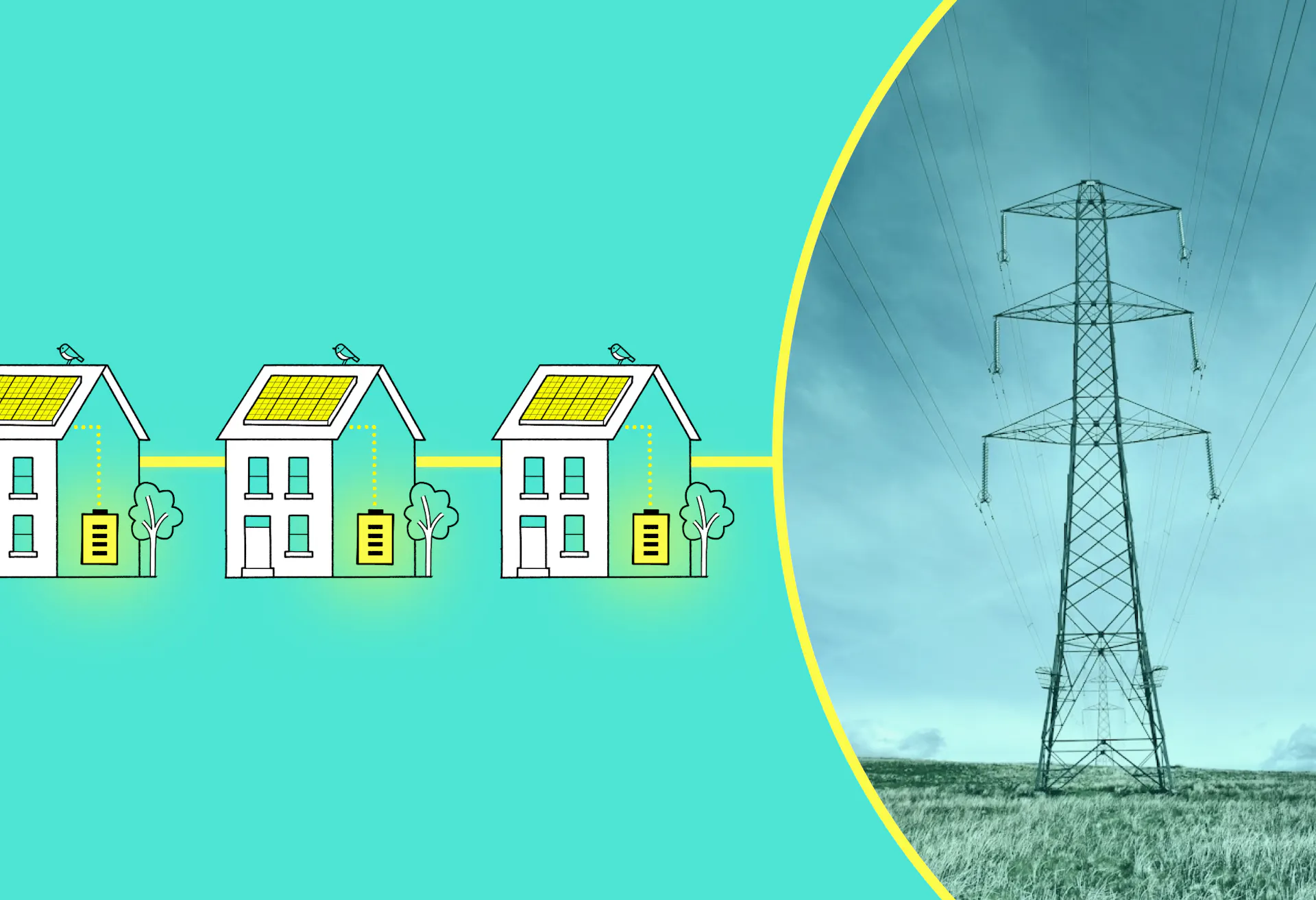 Three cartoon houses with solar panels and a battery, connected by a yellow line that joins up with a pylon to the right