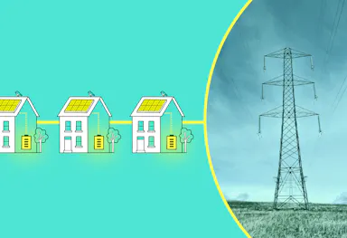 Three cartoon houses with solar panels and a battery, connected by a yellow line that joins up with a pylon to the right