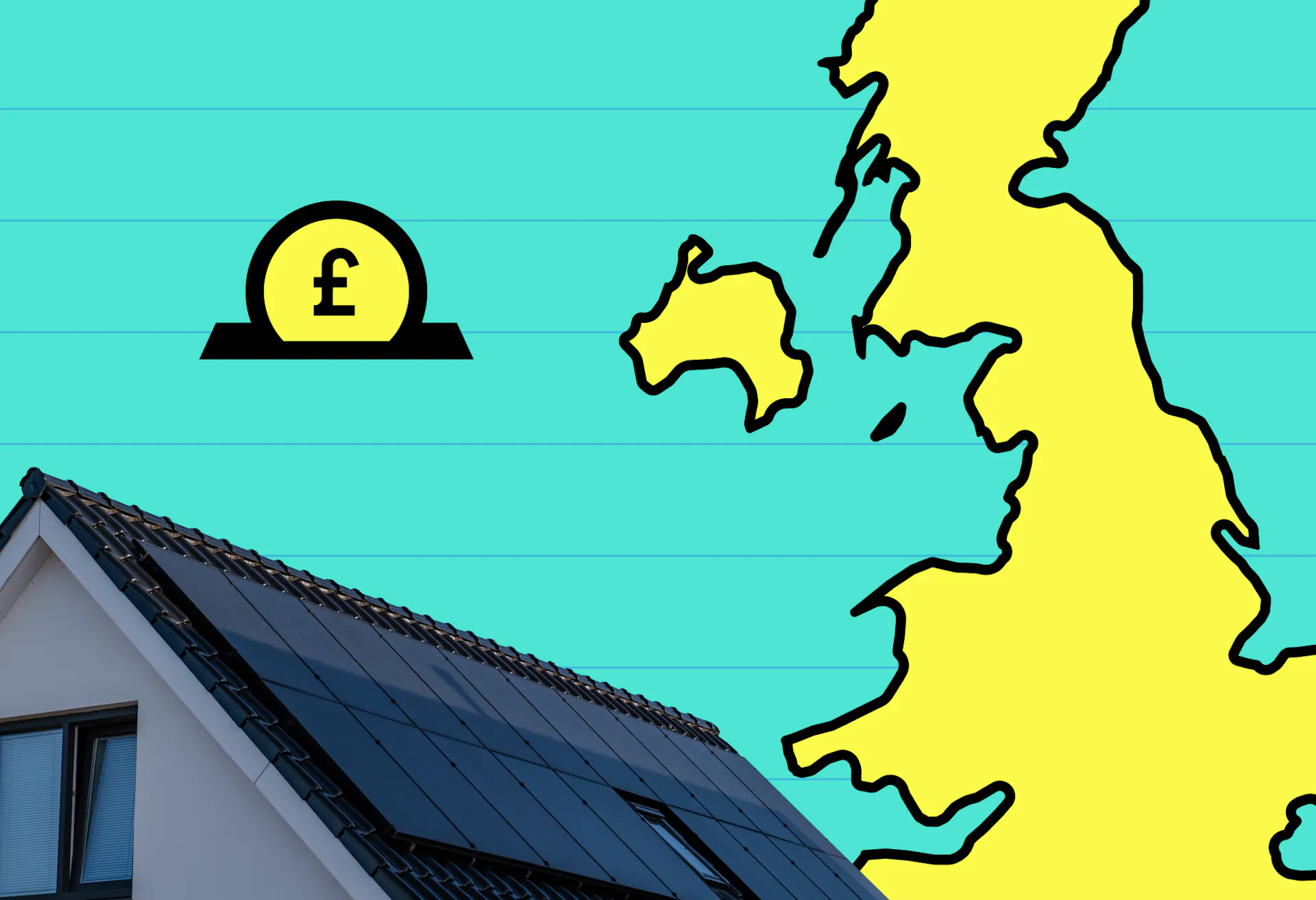 Yellow map of UK, a '£1' coin to the left, and a photo of a house with solar panels on the roof, teal background
