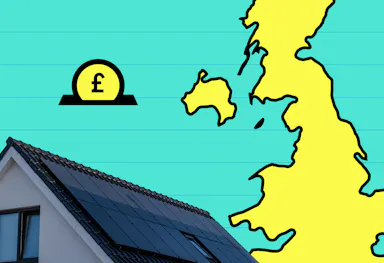 Yellow map of UK, a '£1' coin to the left, and a photo of a house with solar panels on the roof, teal background