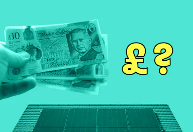 A hand holding some £10 notes, a yellow question mark, and below that a roof with solar panels on, teal background