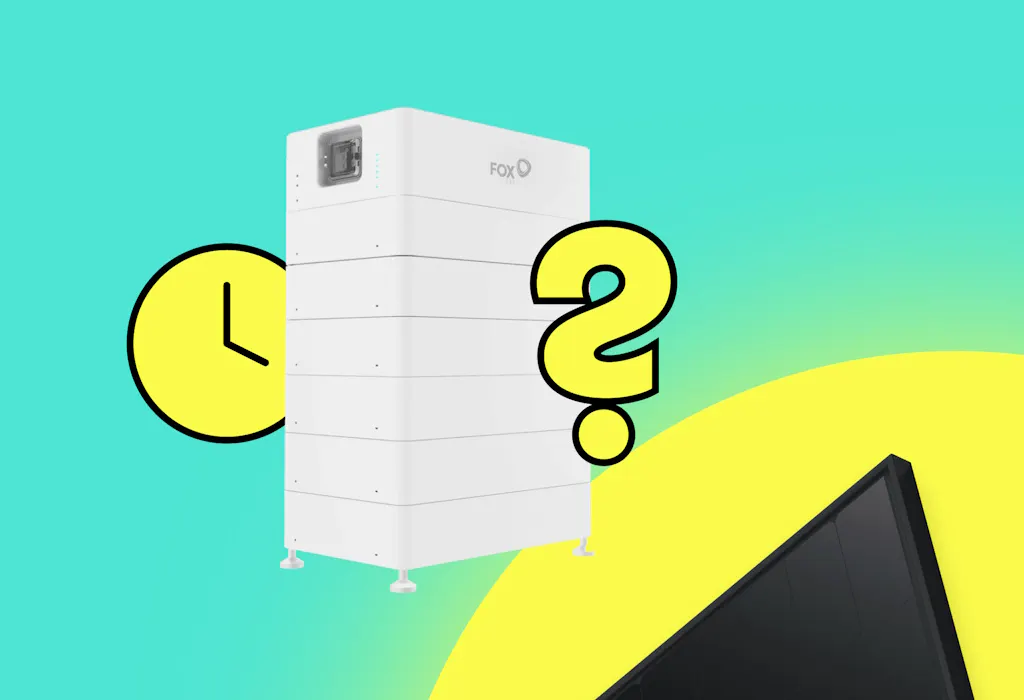 Yellow graphic of a clock, next to a solar battery and a yellow question mark, above a black solar panel and a yellow graphic of the sun, all against a teal background