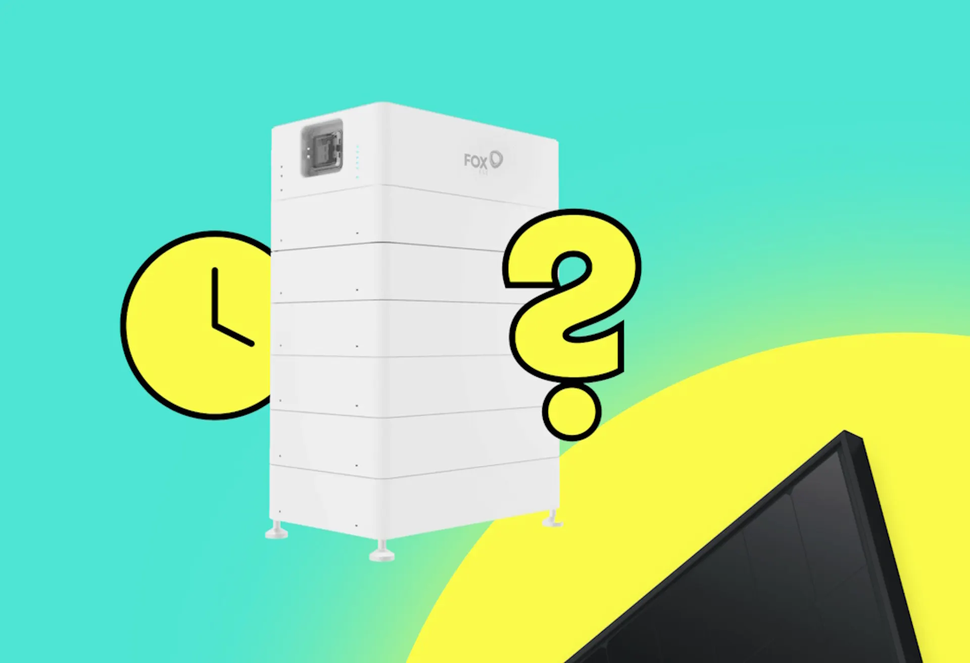 Yellow graphic of a clock, next to a solar battery and a yellow question mark, above a black solar panel and a yellow graphic of the sun, all against a teal background