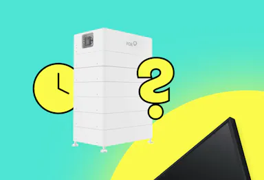 Yellow graphic of a clock, next to a solar battery and a yellow question mark, above a black solar panel and a yellow graphic of the sun, all against a teal background