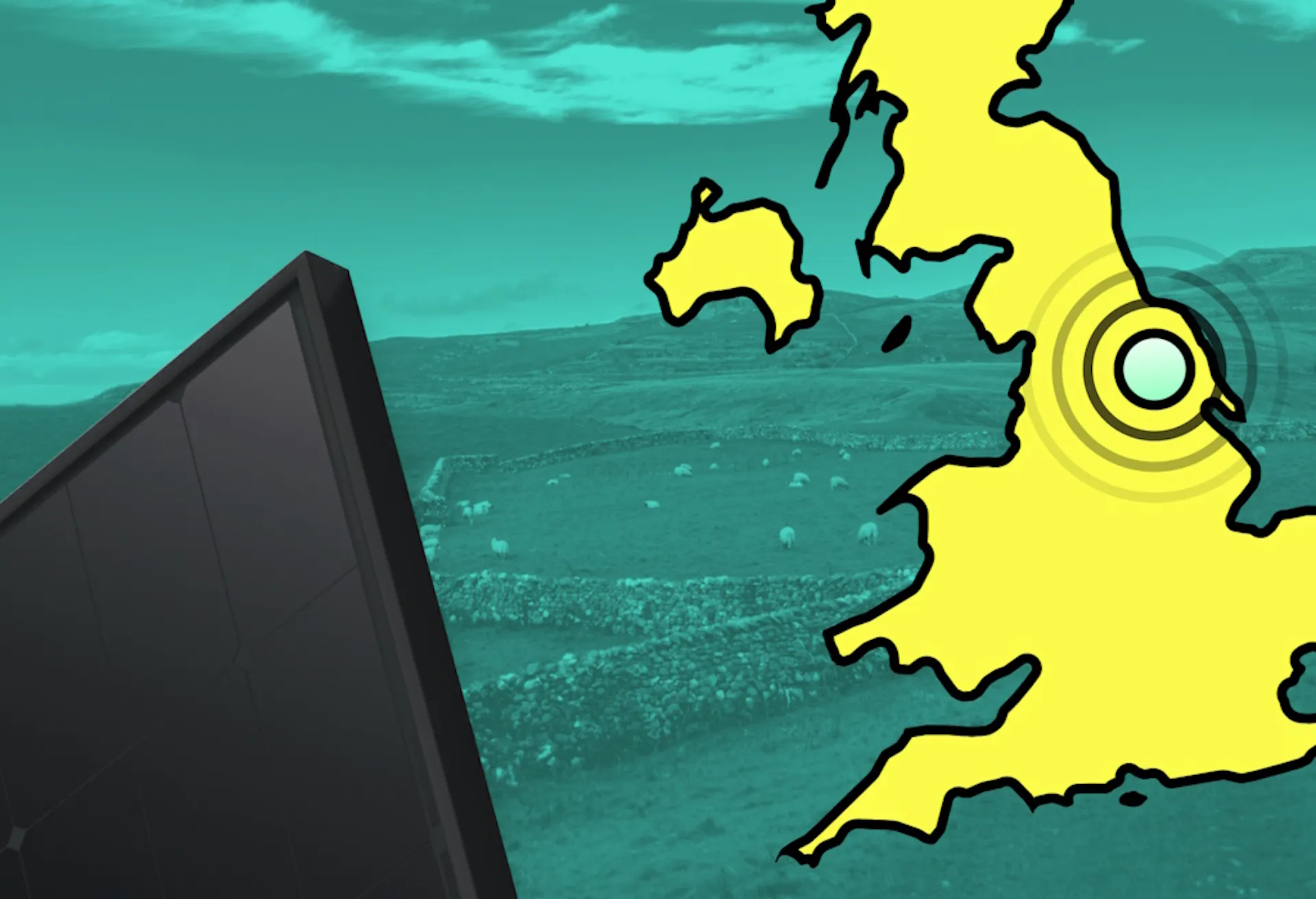 A yellow map of the UK, next to a black solar panel and against an aquamarine and yellow background showing a field of sheep in Yorkshire