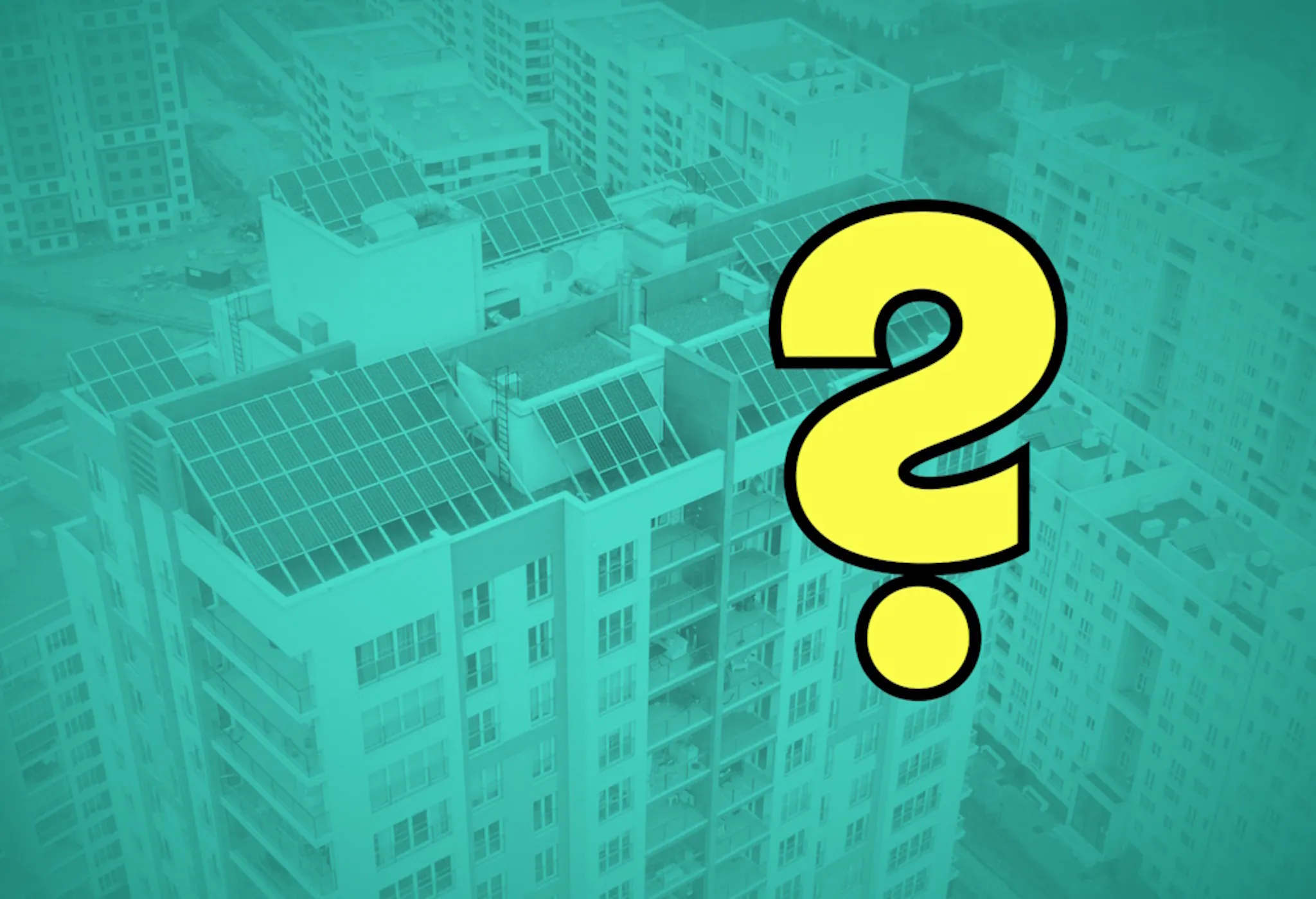 A white building with flats behind a yellow question mark, with a teal filter