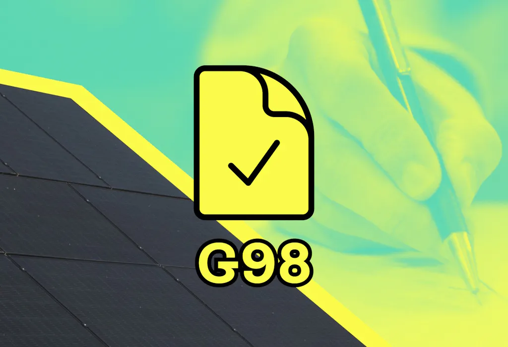 A black solar panel next to a hand signing a piece of paper with a pen, behind a yellow graphic of a paper, above the text 'G98', all with a teal filter