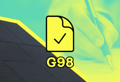 A black solar panel next to a hand signing a piece of paper with a pen, behind a yellow graphic of a paper, above the text 'G98', all with a teal filter