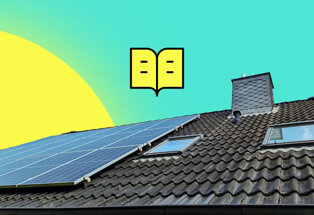 solar panels on a brown, tiled roof, below a graphic of a yellow book and yellow sun, all against an aquamarine background