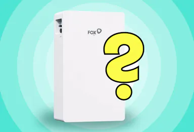 A Fox ESS battery with teal concentric circles behind it, and a big yellow question mark in front of it