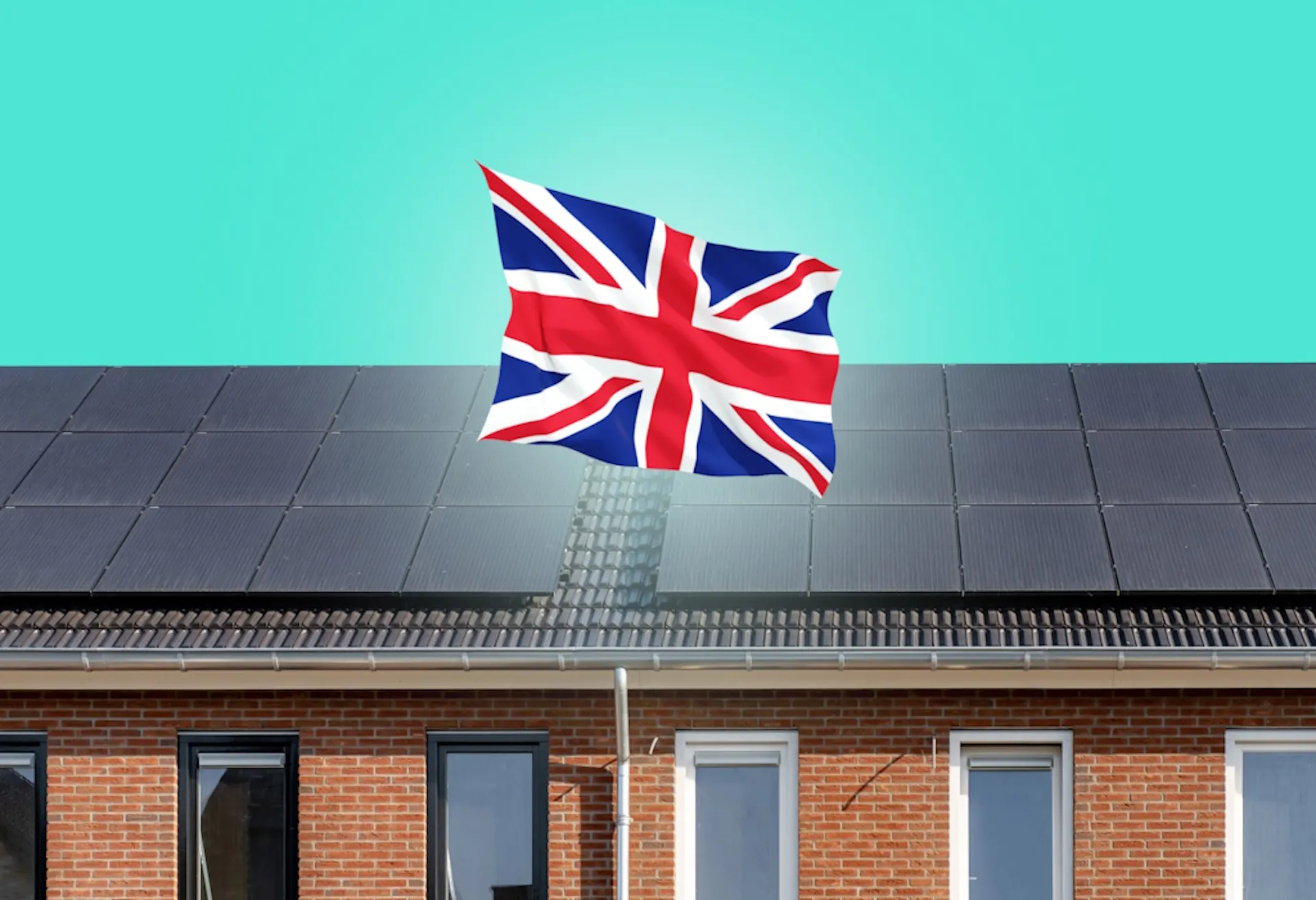 a union flag in front of a brick home with black solar panels, against an aquamarine background