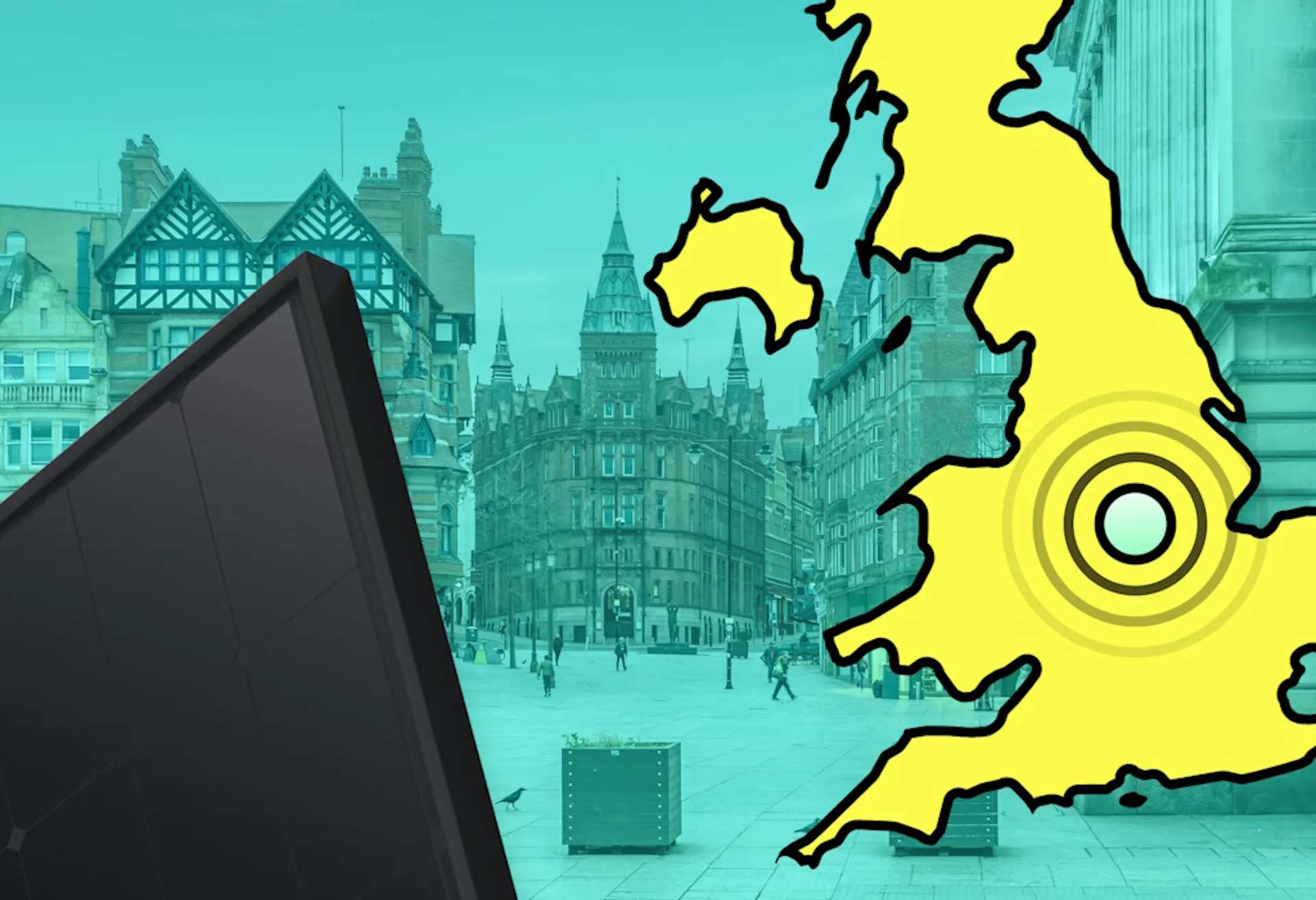 A yellow map of the UK with a circle over Nottingham, next to a black solar panel and against an aquamarine background showing Nottingham city centre