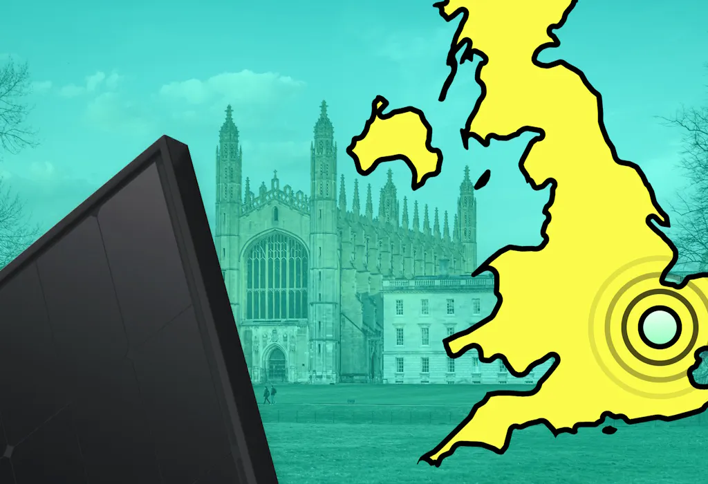 A yellow map of the UK with a circle over Cambridge, next to a black solar panel and against an aquamarine background showing King's College in Cambridge