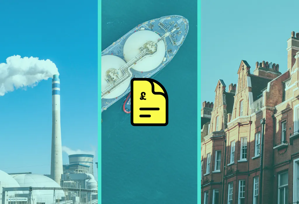three panels, containing from left to right: a factory chimney releasing steam, an LNG tanker on the sea with a yellow bill graphic overlaid, and a row of terraced homes