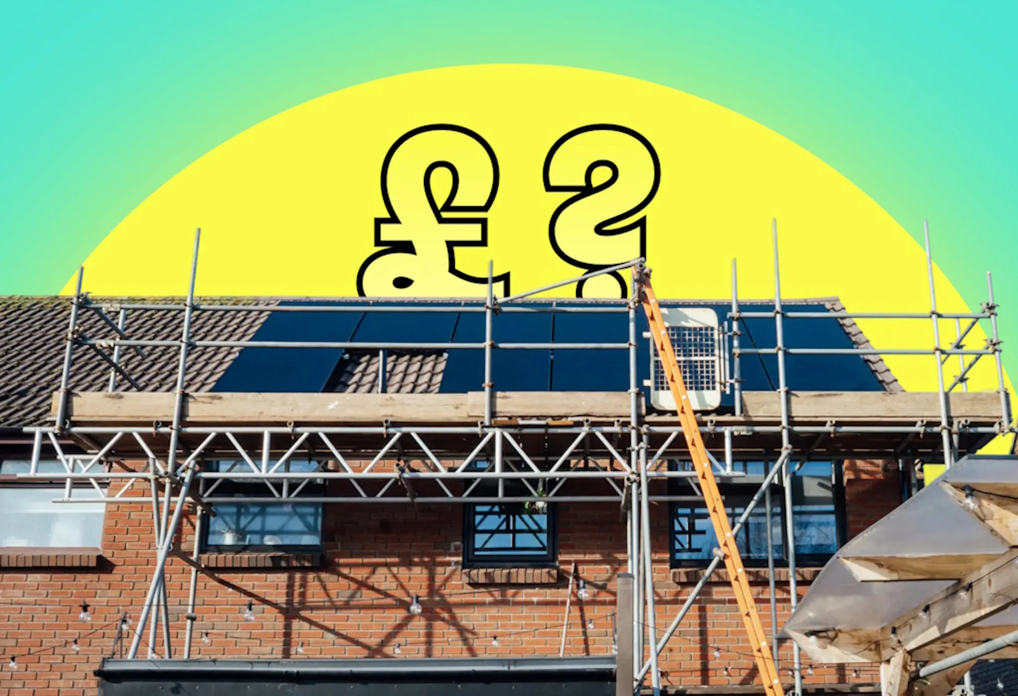 a brown roof with solar panels and scaffolding, under a yellow semi-circle representing the sun, behind a yellow pound sign and question mark