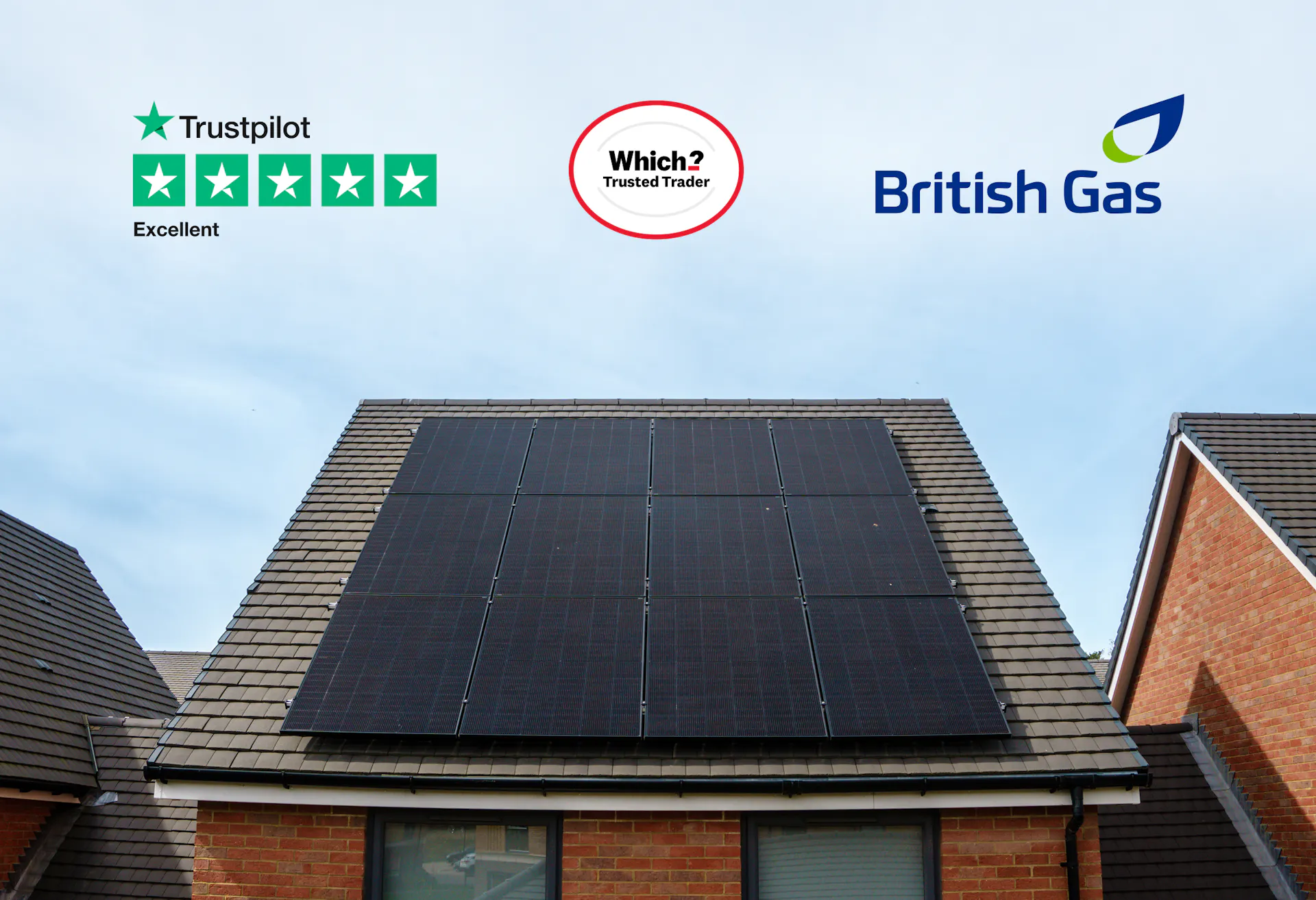 Solar panels on the roof of a new build home, three logos above it: Trustpilot, Which? and British Gas