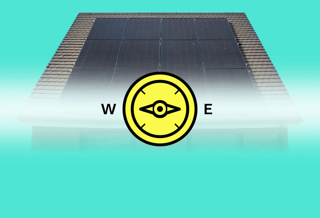 a grey roof with black solar panels, under a yellow compass with the directions of west and east shown, all against an aquamarine background
