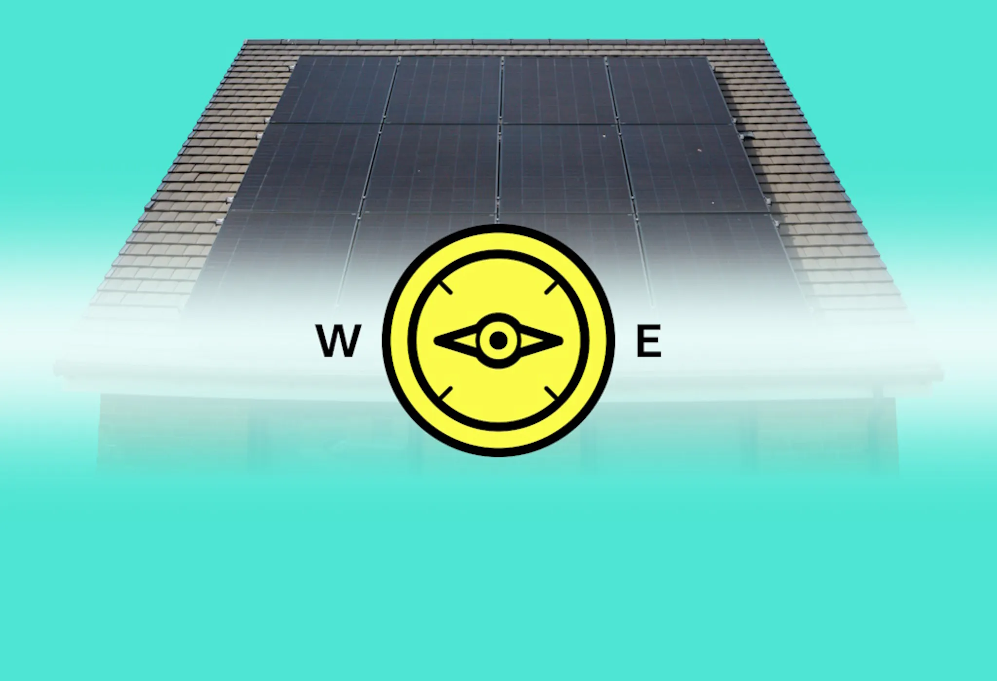 a grey roof with black solar panels, under a yellow compass with the directions of west and east shown, all against an aquamarine background
