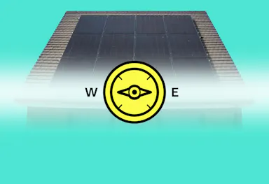 a grey roof with black solar panels, under a yellow compass with the directions of west and east shown, all against an aquamarine background