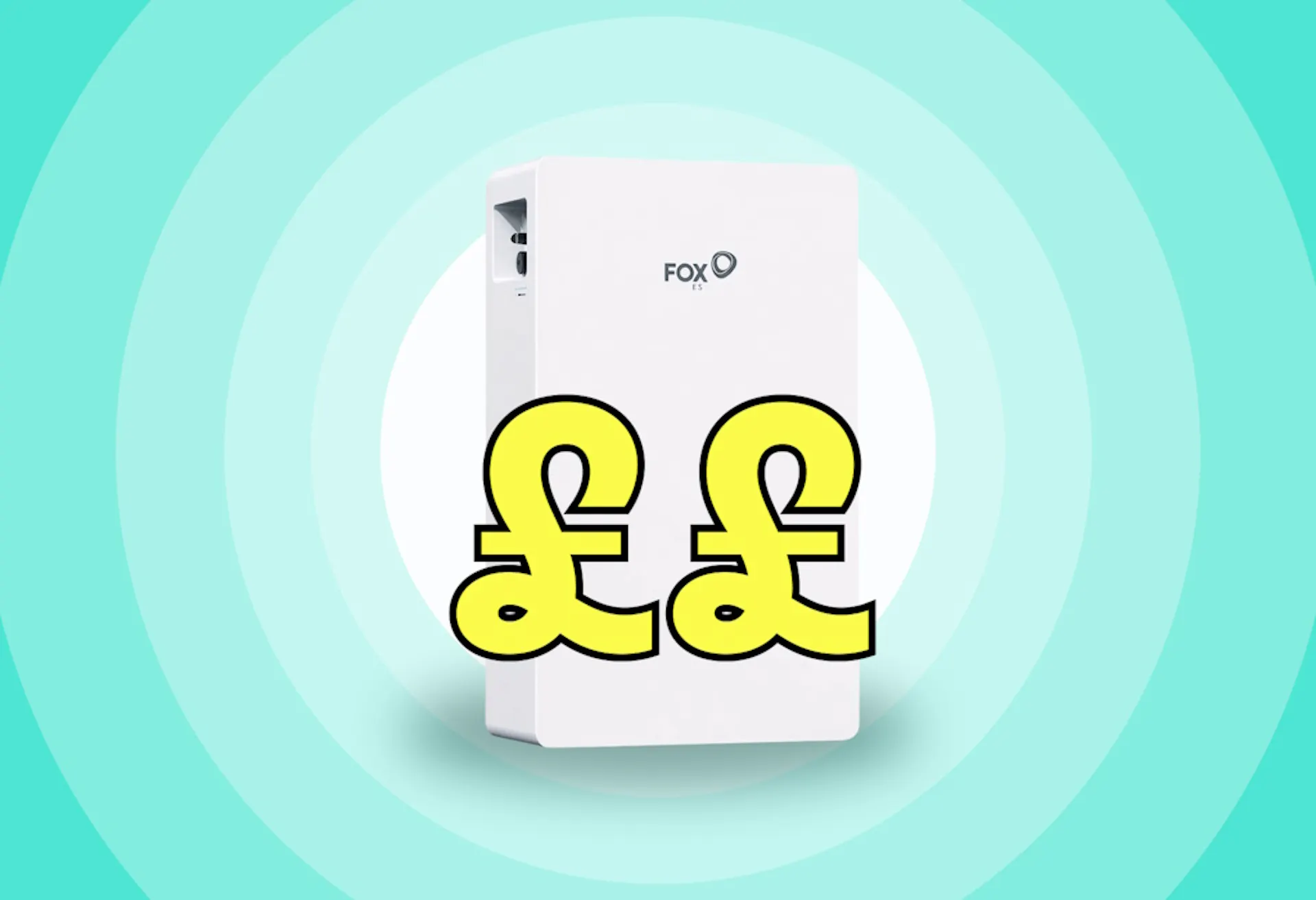a yellow graphic of two pound signs, with a white Fox battery behind it, against a background of aquamarine and white rings 