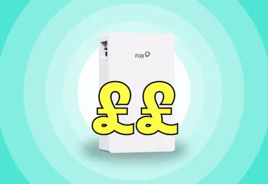 a yellow graphic of two pound signs, with a white Fox battery behind it, against a background of aquamarine and white rings 