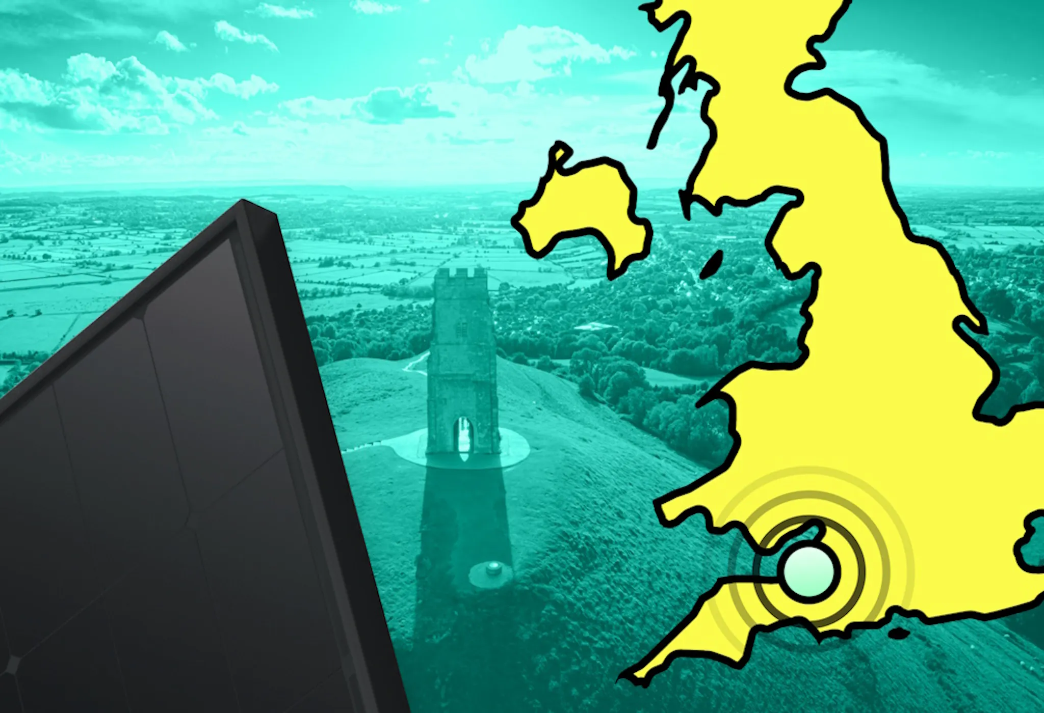 A yellow map of the UK with a circle over Somerset, next to a black solar panel and against an aquamarine background showing Glastonbury Tor in Somerset