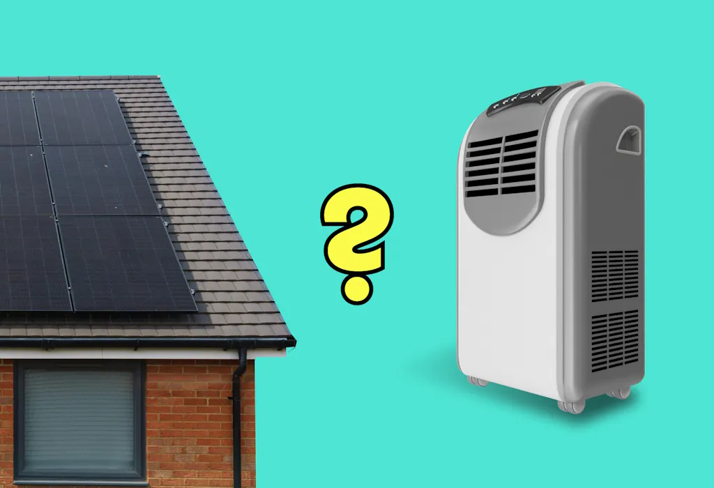 a house with a brick wall, a grey roof, and black solar panels, next to a yellow question mark and an air con unit, all against an aquamarine background