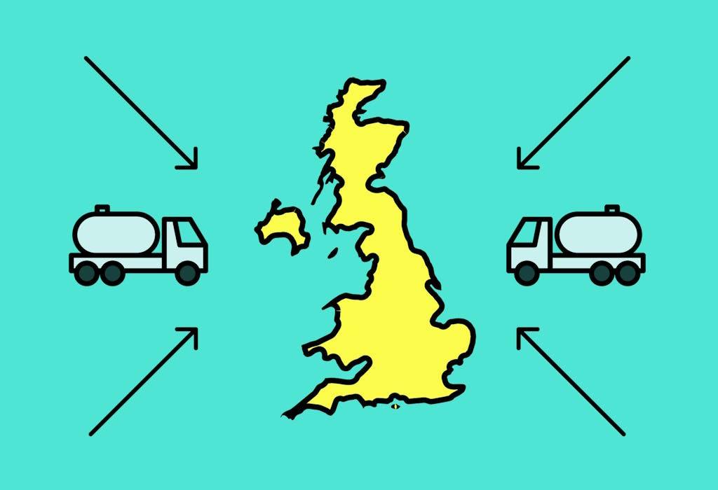 A black outline of the UK, filled in with bright yellow, with four black arrows pointing towards the UK and two gas lorries on either side, heading towards the UK
