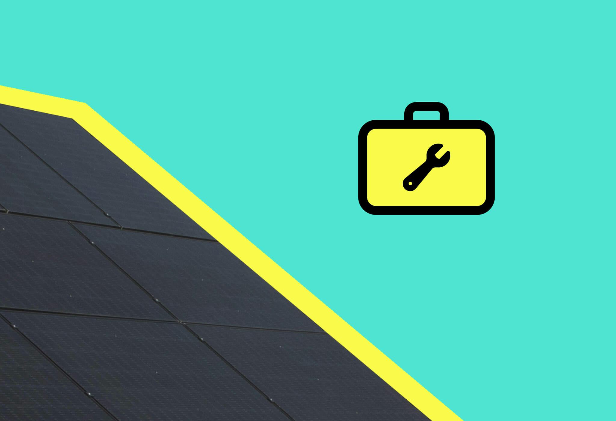 A black mono crystalline solar panel, turquoise background, and a tool box with a spanner symbol on it